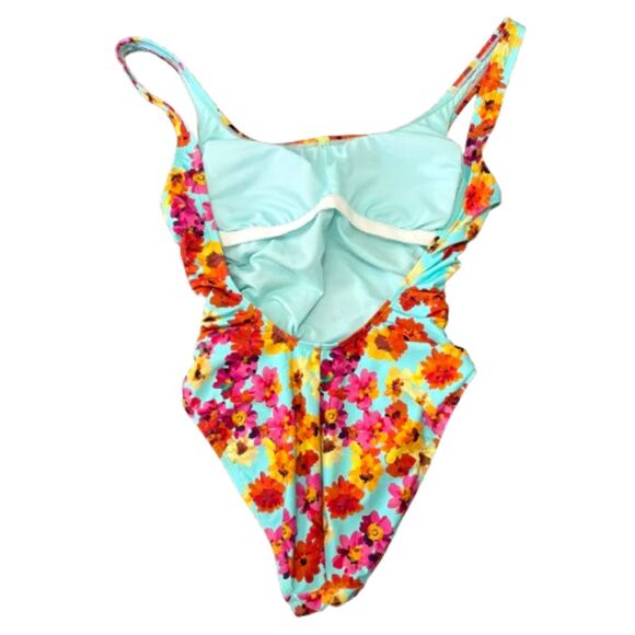 Kenneth Cole Reaction Floral Print One Piece Swimsuit Aqua Multi Size Medium - Picture 3 of 5